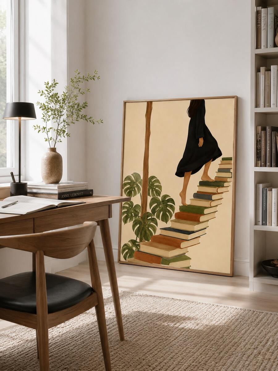 Framed book staircase wall art leaning in home office beside desk and bookshelf