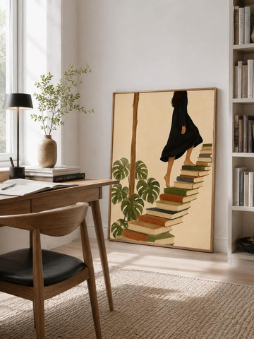 Framed book staircase wall art leaning in home office beside desk and bookshelf