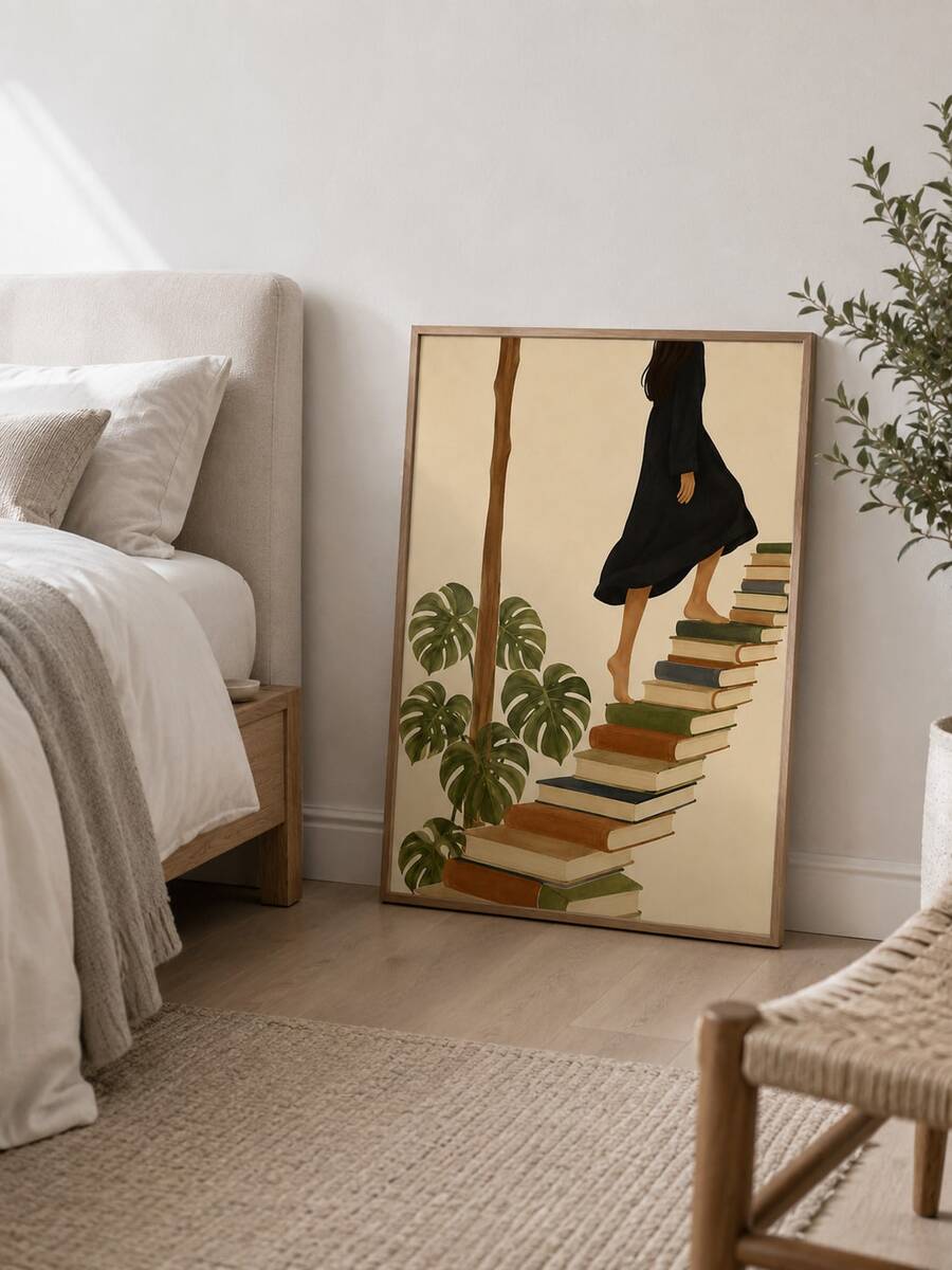 Framed literary woman print leaning beside bed in neutral bedroom