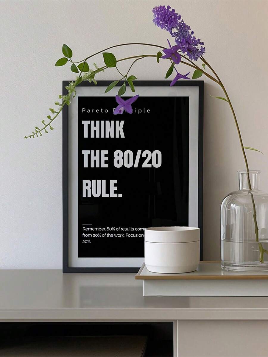 Framed black Pareto Principle poster leaning on floor beside lamp and black leather chair