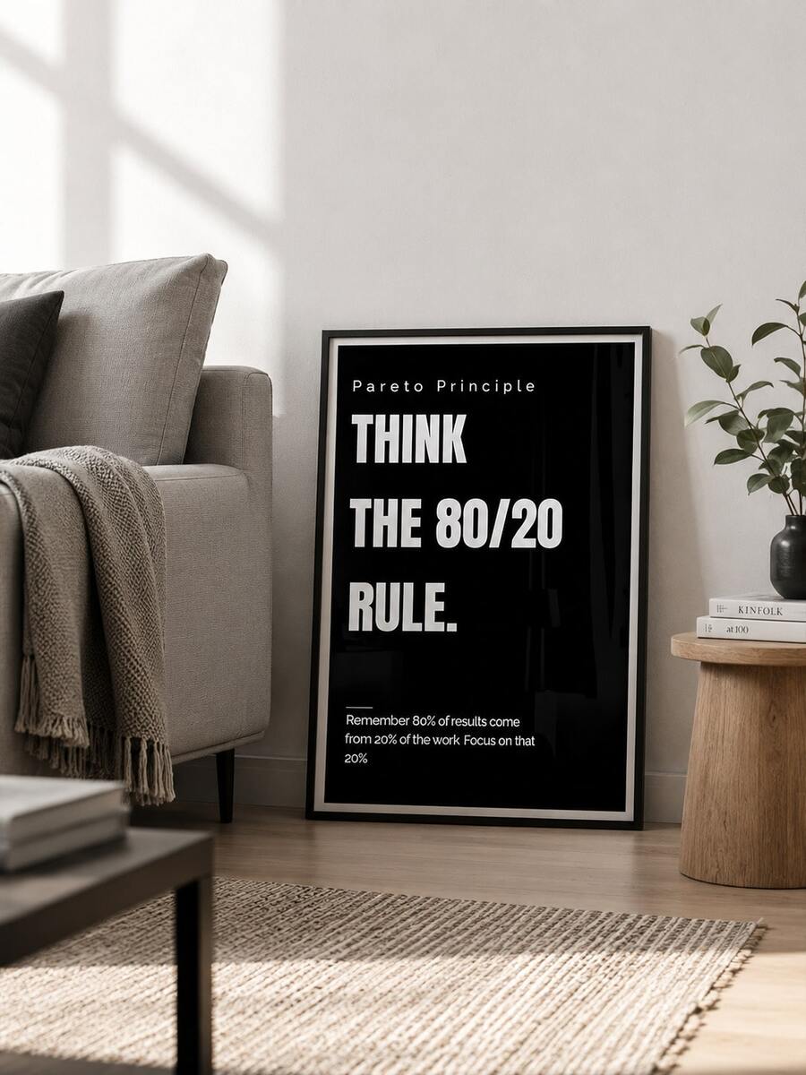 Large framed 80 20 rule poster leaning against wall in neutral living room