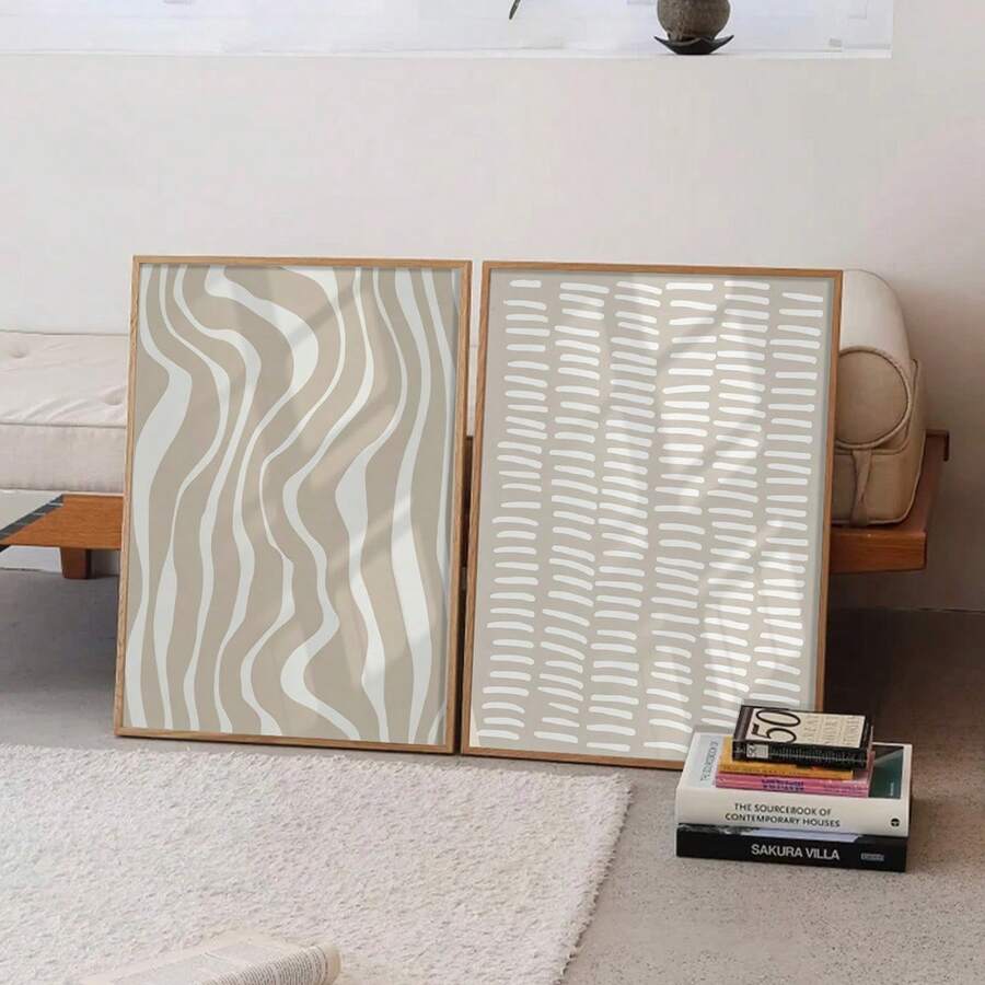 Neutral canvas wall art pair with beige taupe and white abstract lines