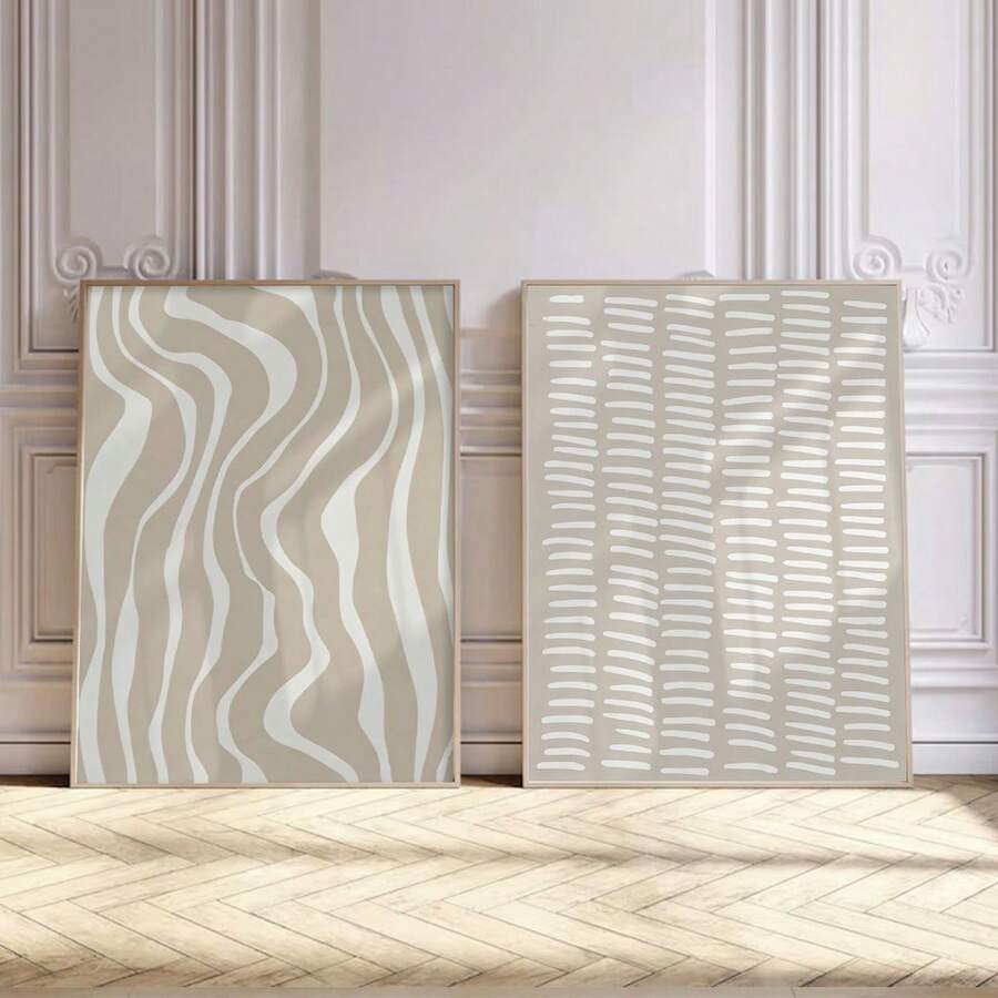 Boho geometric wall art set with wavy stripes and dash pattern