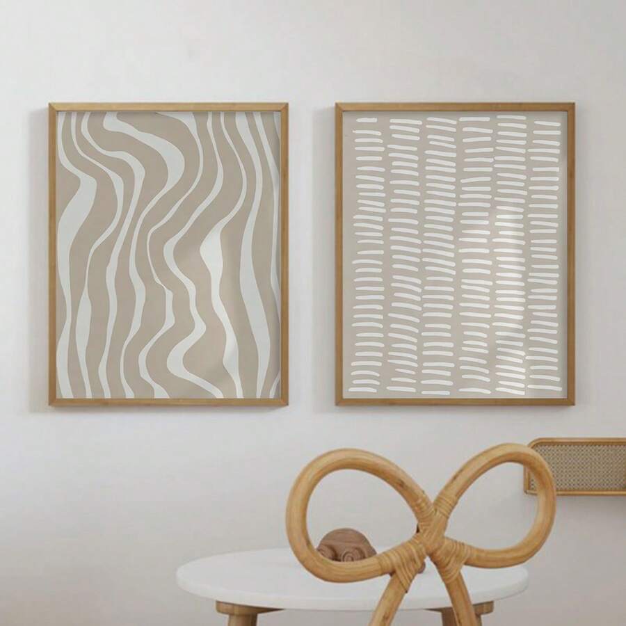 Set of 2 off white geometric stripes and patchwork canvas wall art