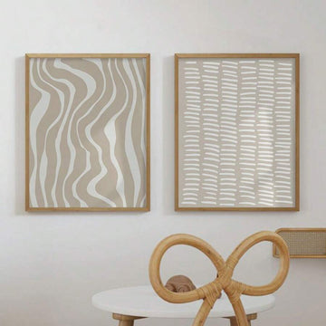 Set of 2 off white geometric stripes and patchwork canvas wall art