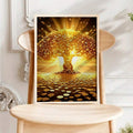 Money tree wall art with glowing gold coins and sunrise light