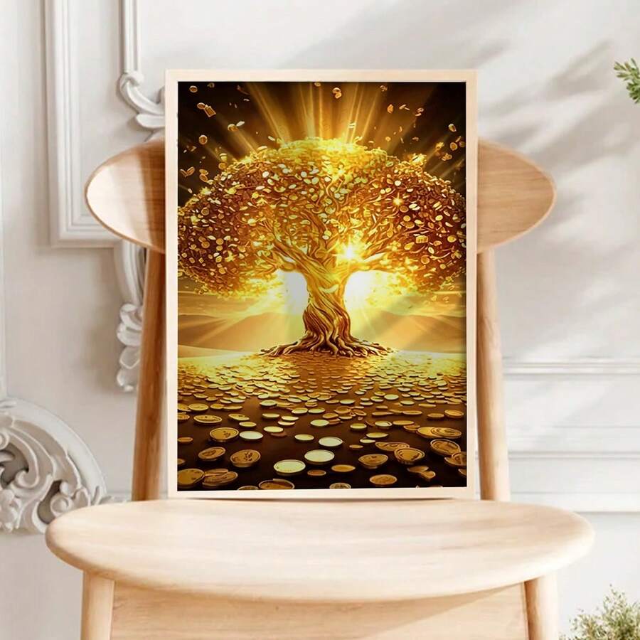 Money tree wall art with glowing gold coins and sunrise light