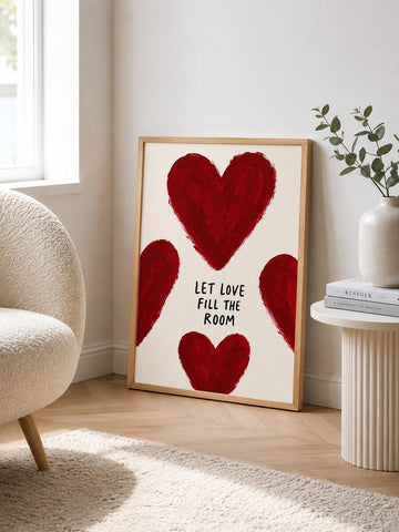 Romantic love wall art set with red hearts folk florals and quote poster in wood frame