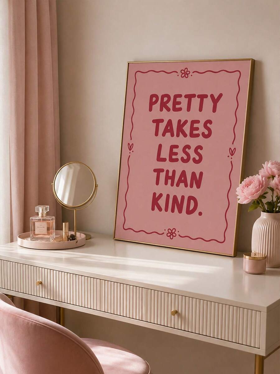 Pink quote wall art on vanity desk beside mirror perfume pink curtains and flowers