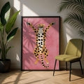 Pink animal poster in framed style with golden yellow black white and cream safari colors