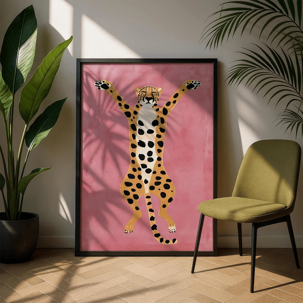 Pink animal poster in framed style with golden yellow black white and cream safari colors