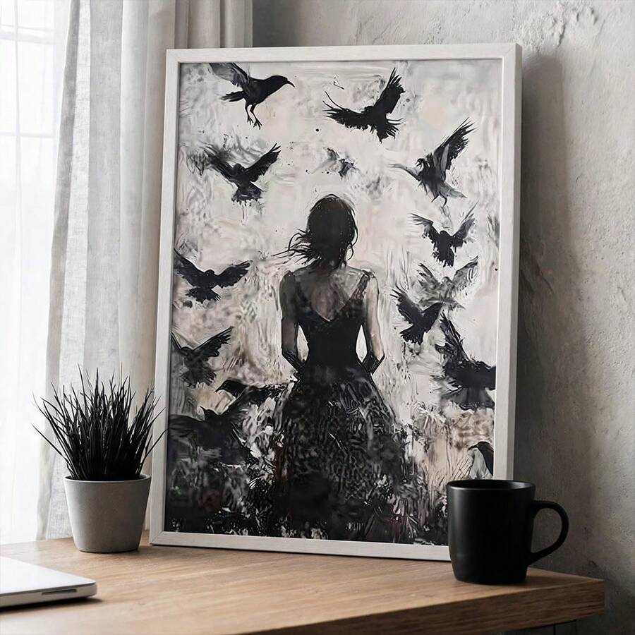 Gothic crow woman canvas print in white frame on desk