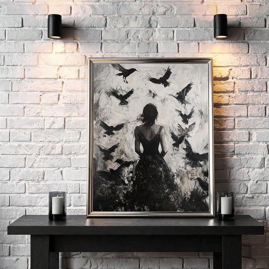 Moody crow woman poster in silver frame on brick wall