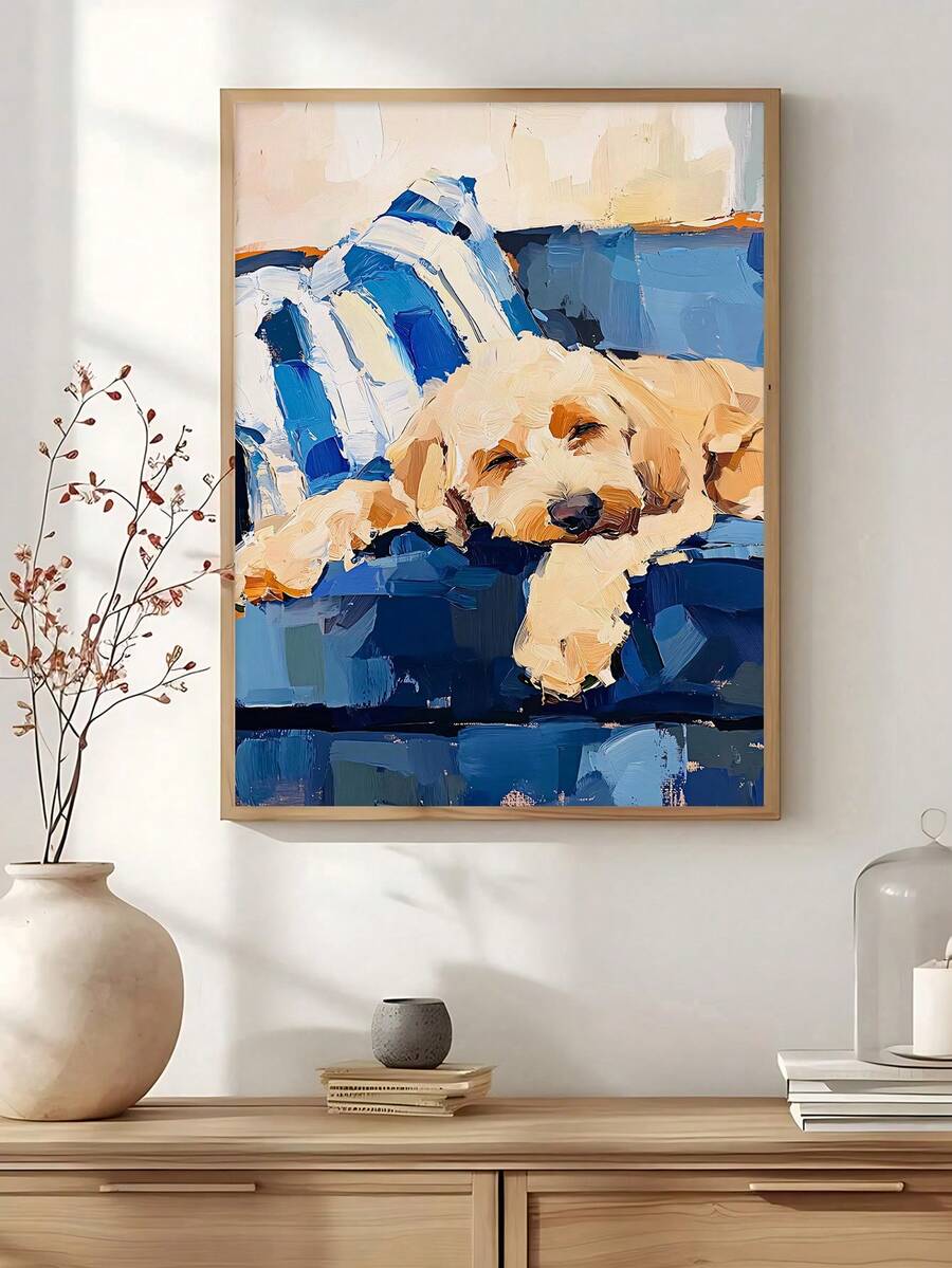 Dog canvas print in nursery room with warm neutral colors