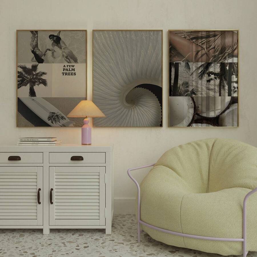Neutral beach themed canvas wall art set with palm trees