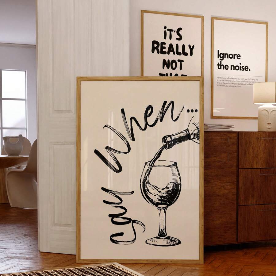 Wine theme chef kitchen canvas wall art with black line drawing