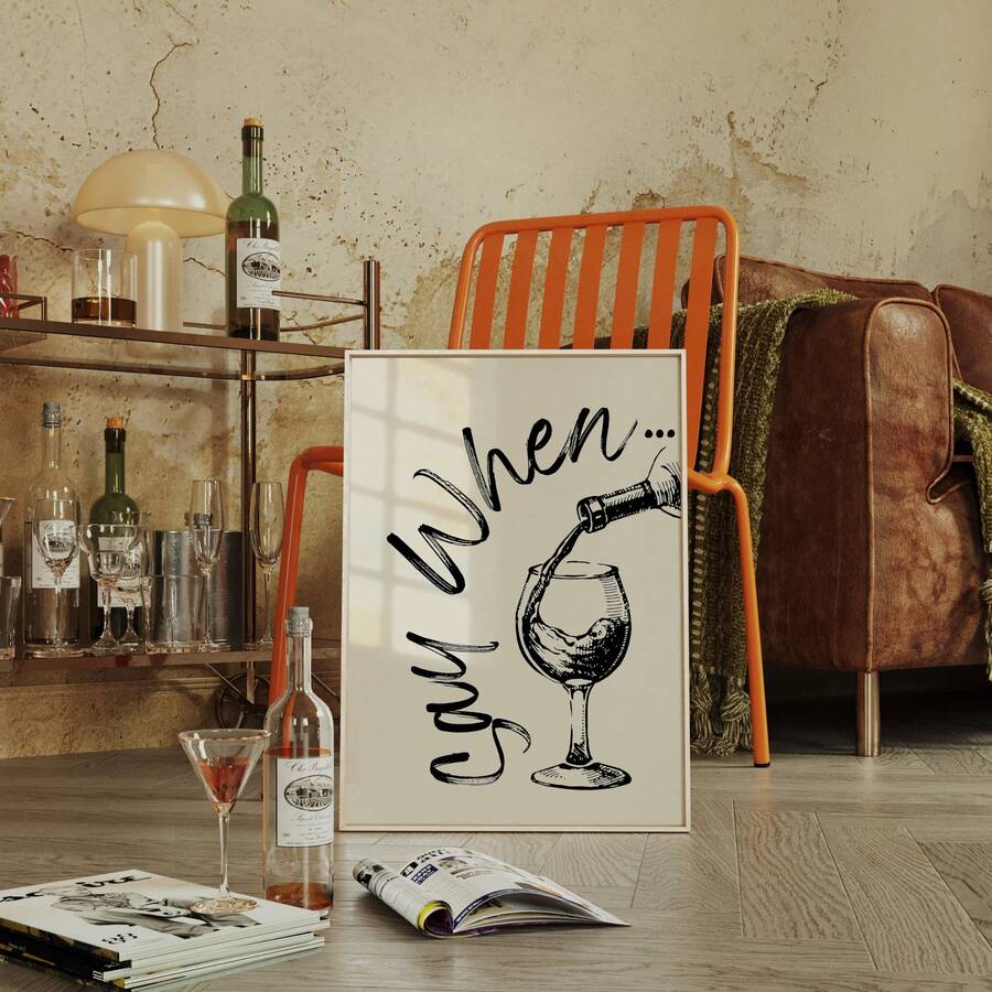 Wine theme chef kitchen canvas wall art with black line drawing