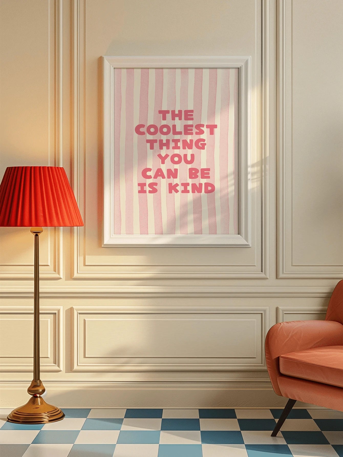 Pink striped quote wall art in a light wood frame