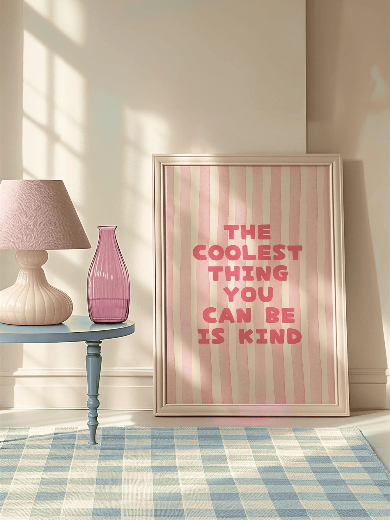 Pink typography canvas poster in a white frame near a sofa