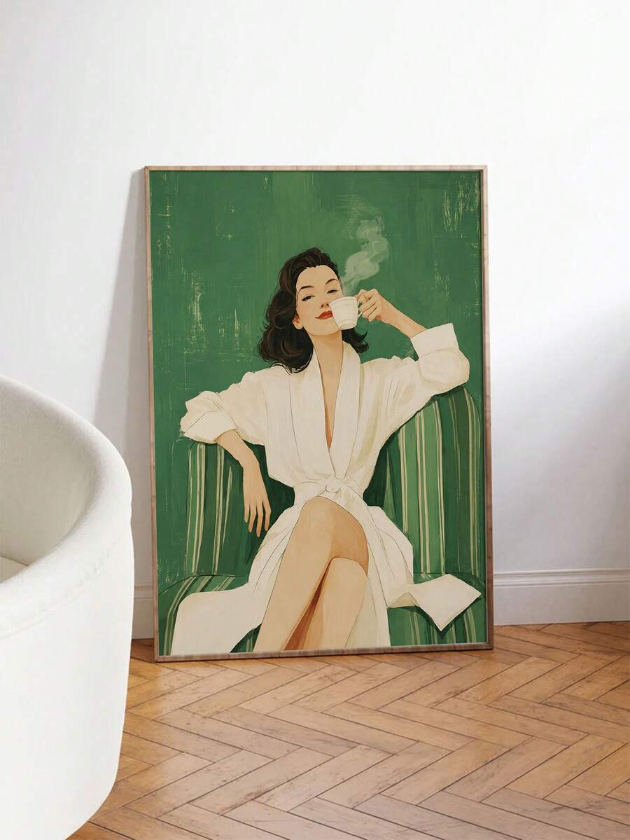 Close view of large framed vintage style woman in white robe print leaning on white wall