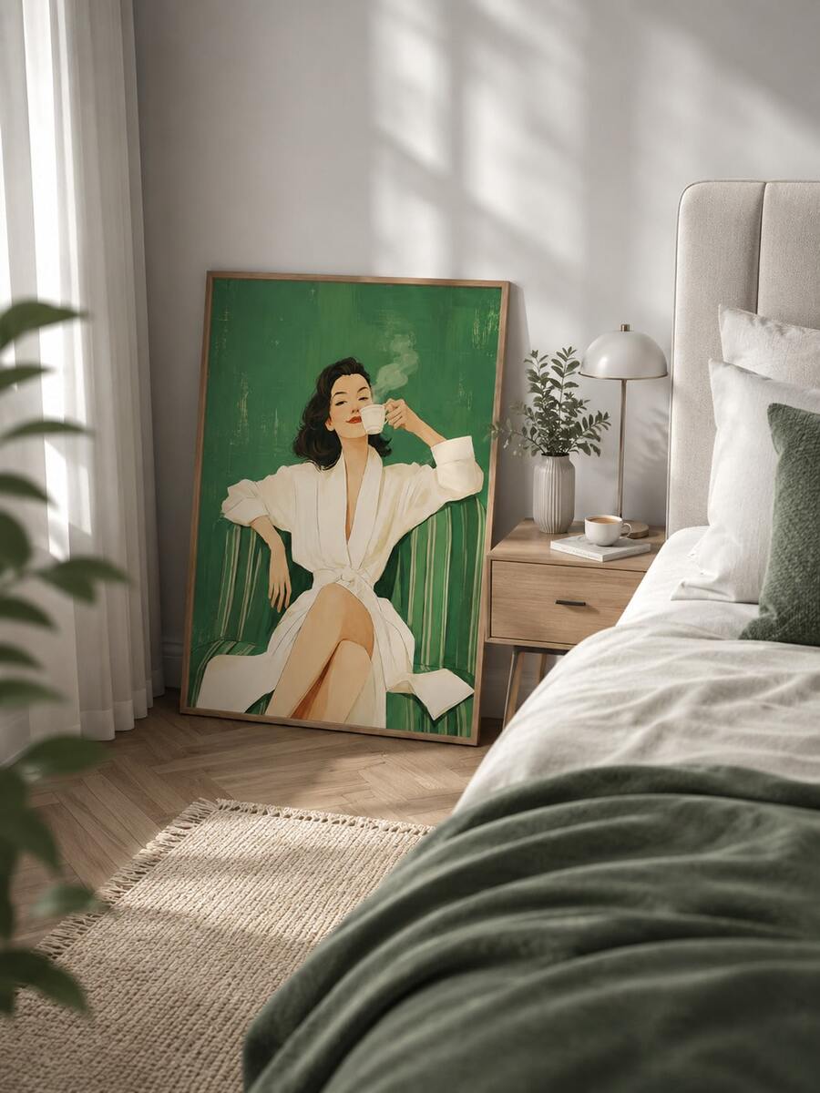 Large framed green portrait print leaning against living room wall beside beige sofa and coffee table