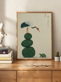 Moon water print with crane turtle and green stones for meditation room decor