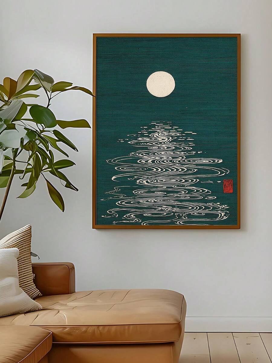 Japanese wall art in minimalist zen style with deep green cream black and red accents