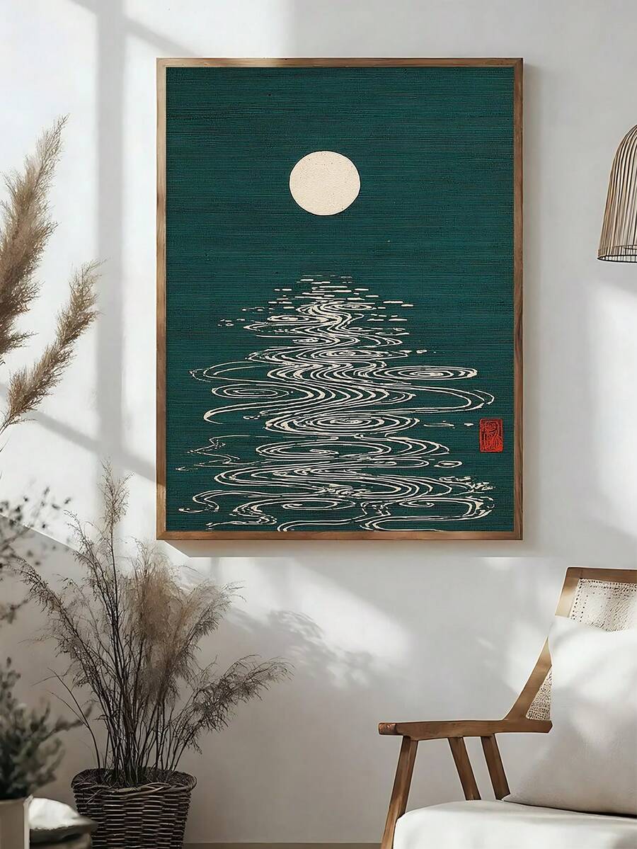 Zen wall decor canvas option showing moon water and wabi sabi Asian composition