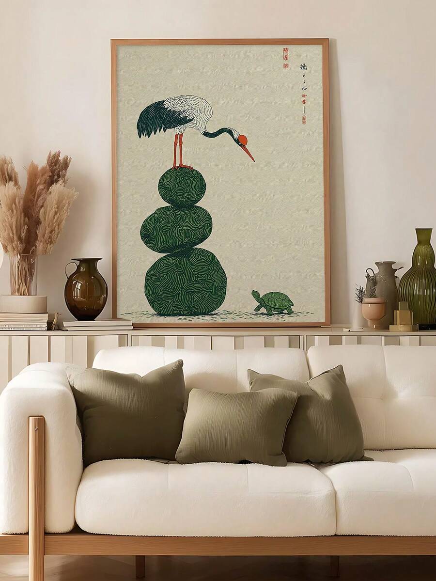 Crane print with bird on stacked green stones turtle moon and rippled water