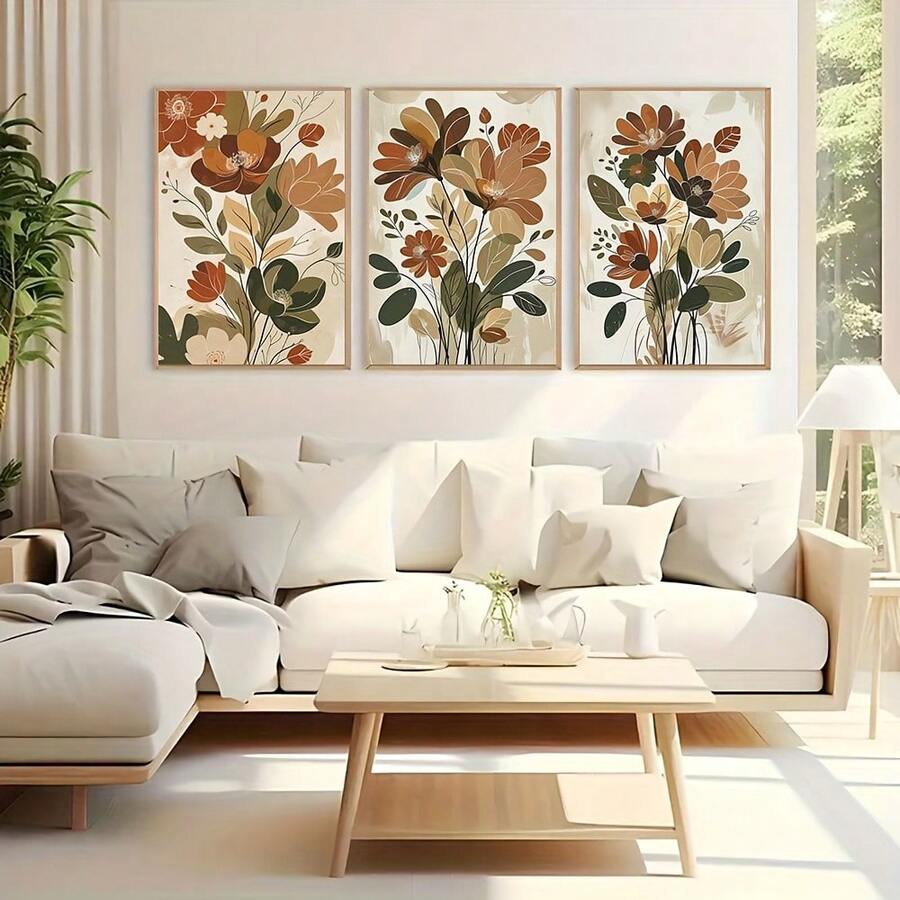 Set of 3 contemporary botanical canvas wall art in earthy colors
