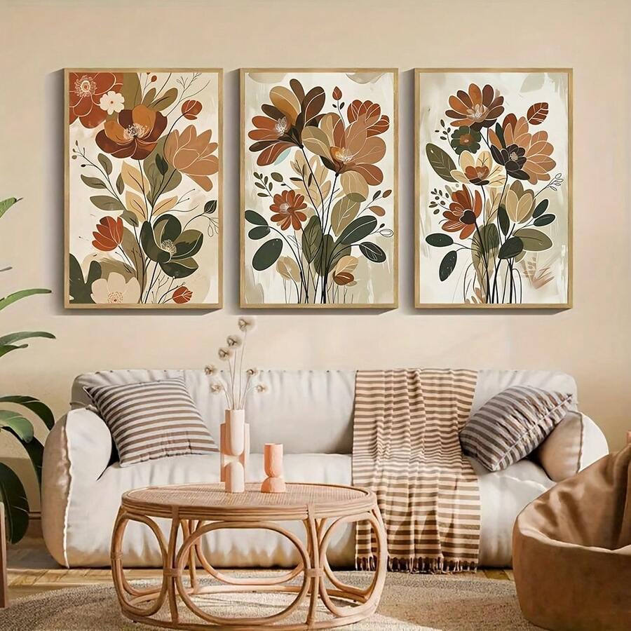 Set of 3 contemporary botanical canvas wall art in earthy colors