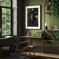 frame option view of Dark botanical insect wall art set showing bee, moth, butterfly and green beetle with flowers on black backgrounds in vintage specimen style.