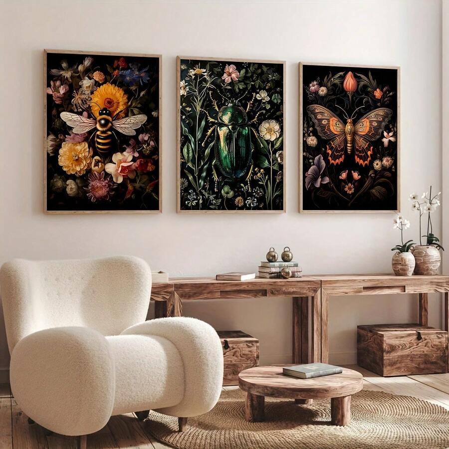 room mockup view of Dark botanical insect wall art set showing bee, moth, butterfly and green beetle with flowers on black backgrounds in vintage specimen style.