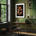 canvas option view of Dark botanical insect wall art set showing bee, moth, butterfly and green beetle with flowers on black backgrounds in vintage specimen style.