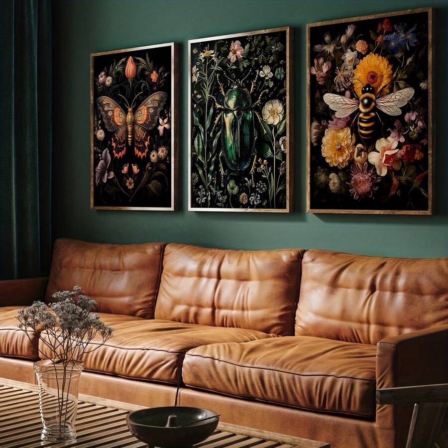 front framed view of Dark botanical insect wall art set showing bee, moth, butterfly and green beetle with flowers on black backgrounds in vintage specimen style.