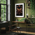 close-up artwork detail of Dark botanical insect wall art set showing bee, moth, butterfly and green beetle with flowers on black backgrounds in vintage specimen style.