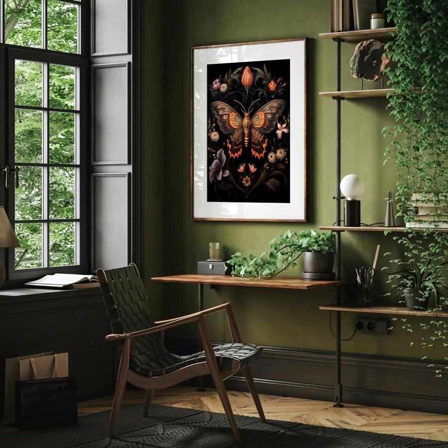 close-up artwork detail of Dark botanical insect wall art set showing bee, moth, butterfly and green beetle with flowers on black backgrounds in vintage specimen style.