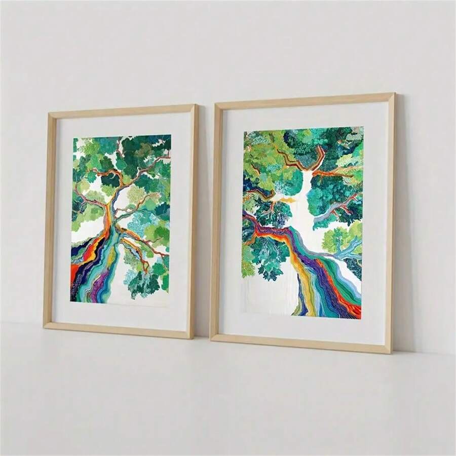 Bright rainbow tree print set with leafy green crowns and light wood frames