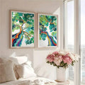 Modern botanical canvas pair showing abstract rainbow trees on white background