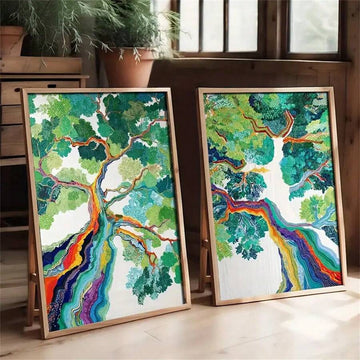 Pair of framed abstract tree prints with green leaves and rainbow flowing trunks