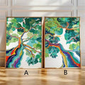 Bright rainbow tree print set with leafy green crowns and light wood frames view 5