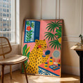 Bold flat illustration leopard canvas art for a modern boho bathroom