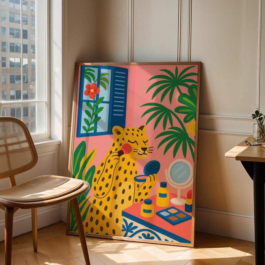 Bold flat illustration leopard canvas art for a modern boho bathroom