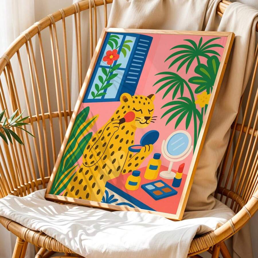 Tropical leopard vanity poster with a flower mirror and makeup