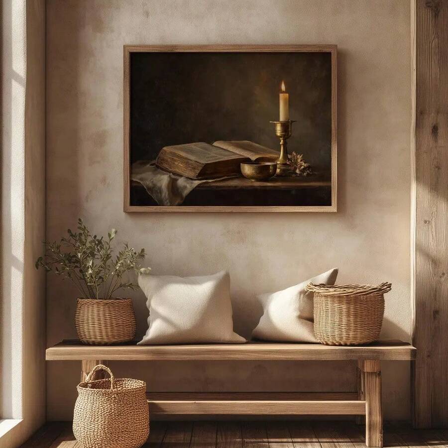 Moody vintage still life poster of open Bible with lit candle and brass bowl