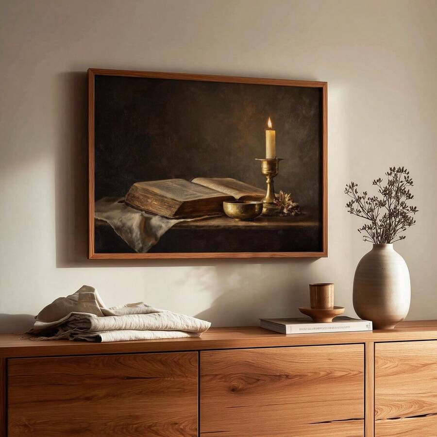 Moody vintage still life poster of open Bible with lit candle and brass bowl