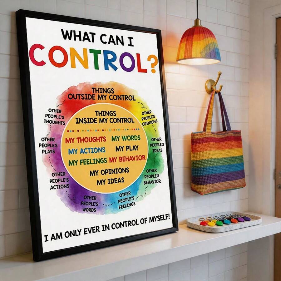Colorful What Can I Control educational poster framed beside bookshelf