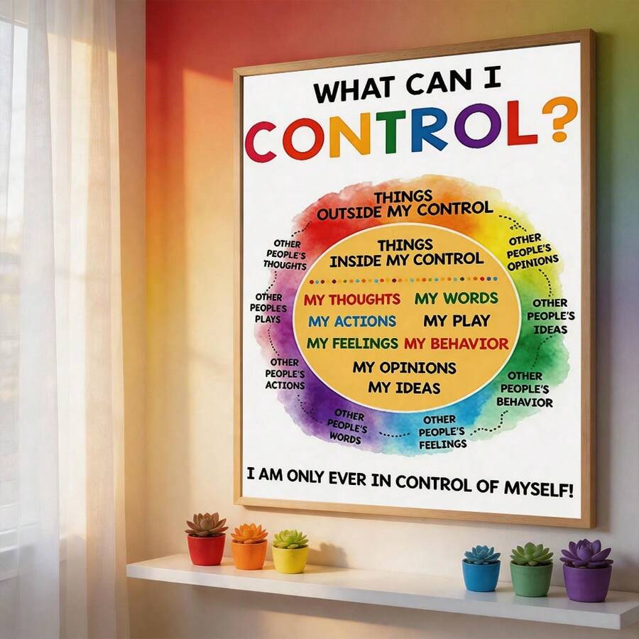 Framed circle of control poster on colorful kids room wall