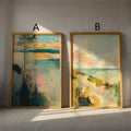 Pastel sea horizon print with natural wood frame styling