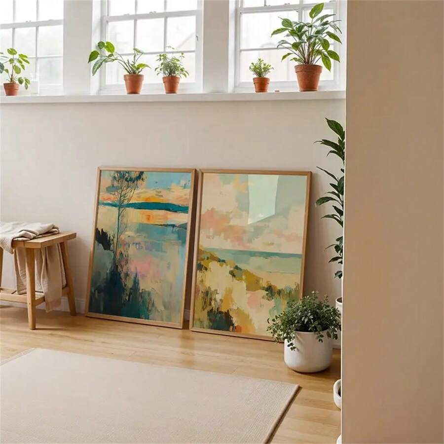 Modern coastal canvas poster in aqua teal peach and cream